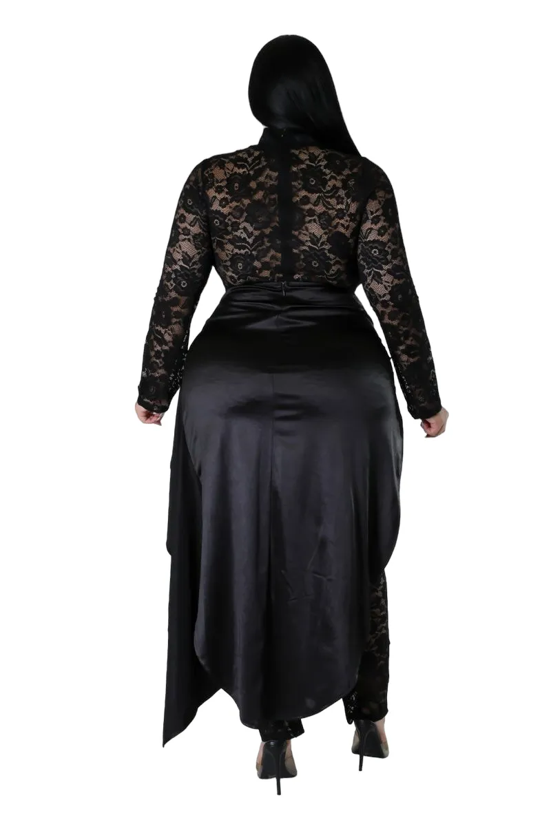 Final Sale Plus Size 2pc Lace Jumpsuit Set with Satin Skirt in Black