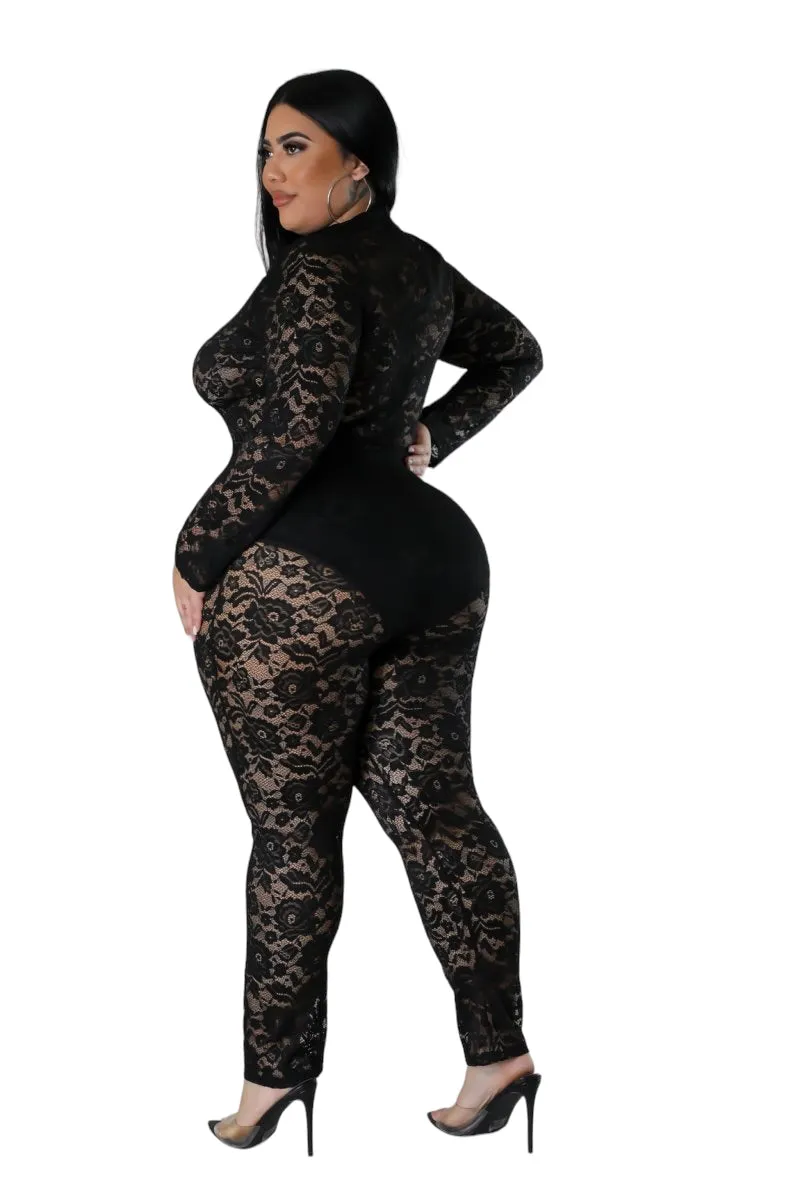 Final Sale Plus Size 2pc Lace Jumpsuit Set with Satin Skirt in Black