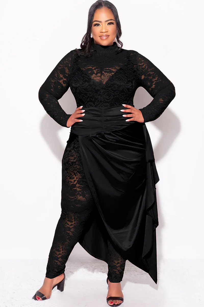 Final Sale Plus Size 2pc Lace Jumpsuit Set with Satin Skirt in Black