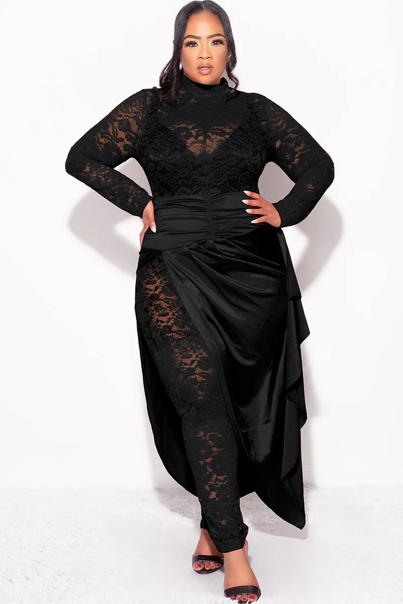 Final Sale Plus Size 2pc Lace Jumpsuit Set with Satin Skirt in Black