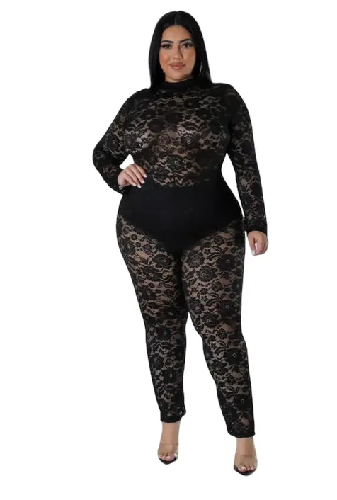 Final Sale Plus Size 2pc Lace Jumpsuit Set with Satin Skirt in Black