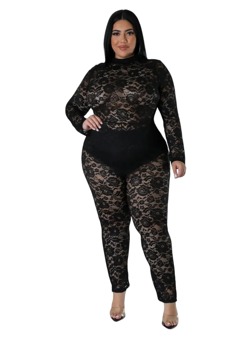 Final Sale Plus Size 2pc Lace Jumpsuit Set with Satin Skirt in Black