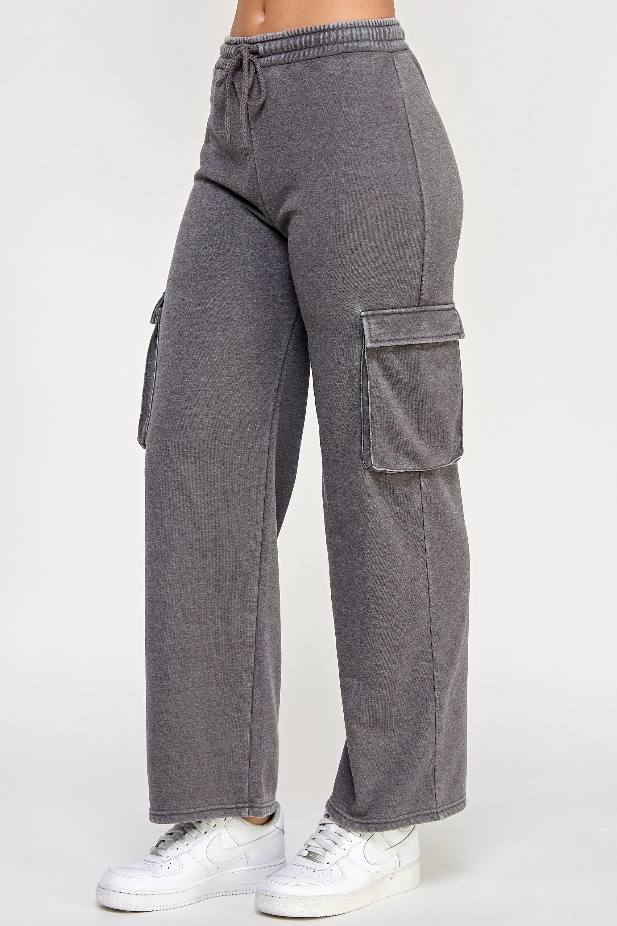 Fleece Burnout Wide Leg Cargo Joggers W/ Pockets