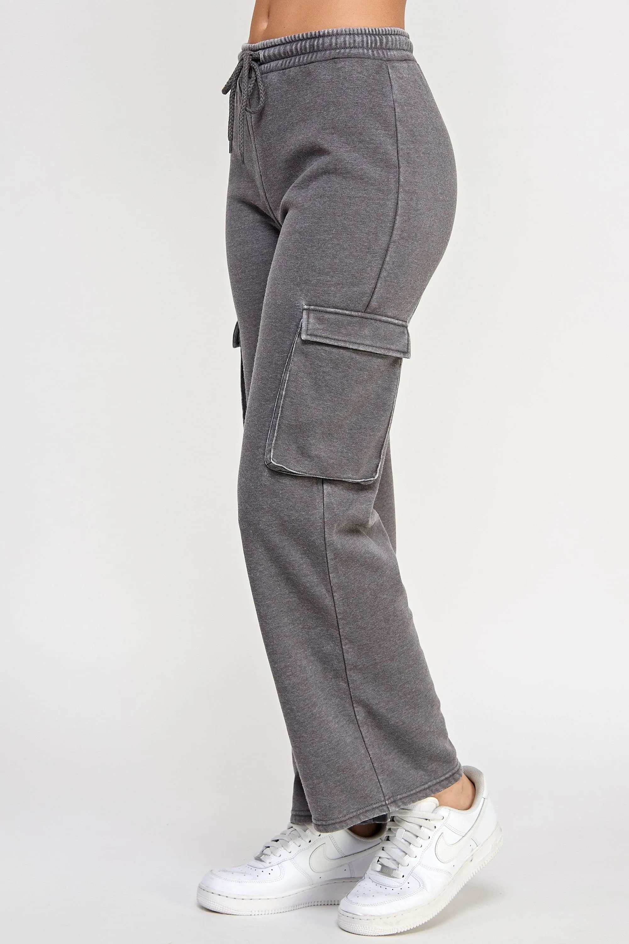 Fleece Burnout Wide Leg Cargo Joggers W/ Pockets