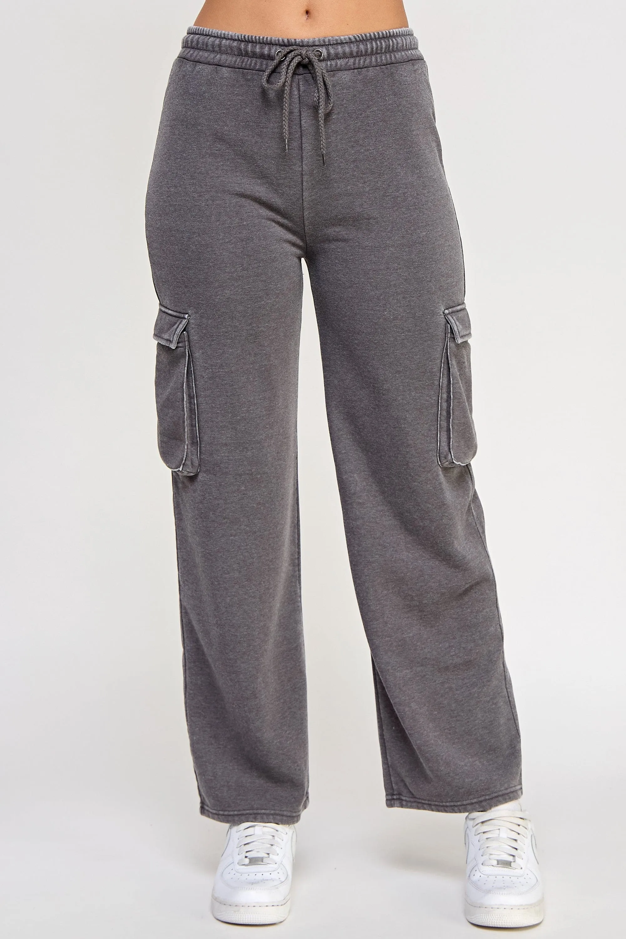 Fleece Burnout Wide Leg Cargo Joggers W/ Pockets