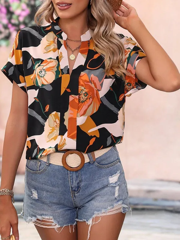 Floral Printed Short Sleeve Career V-neck Top