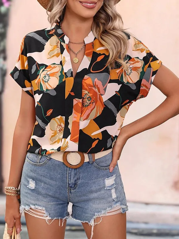 Floral Printed Short Sleeve Career V-neck Top