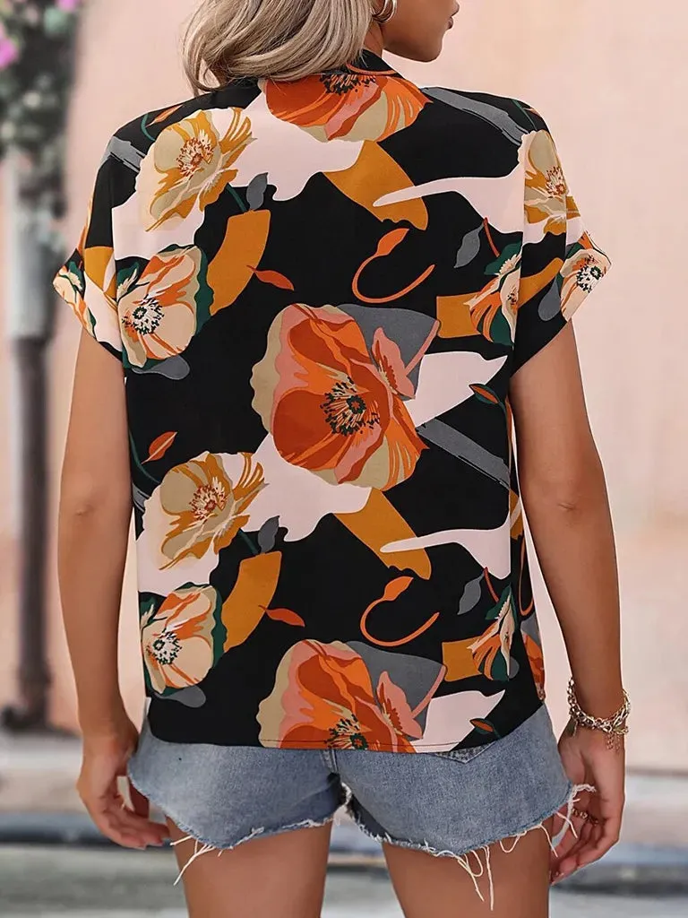 Floral Printed Short Sleeve Career V-neck Top