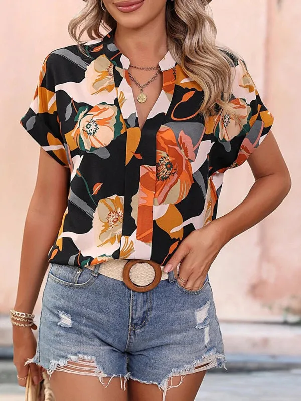 Floral Printed Short Sleeve Career V-neck Top