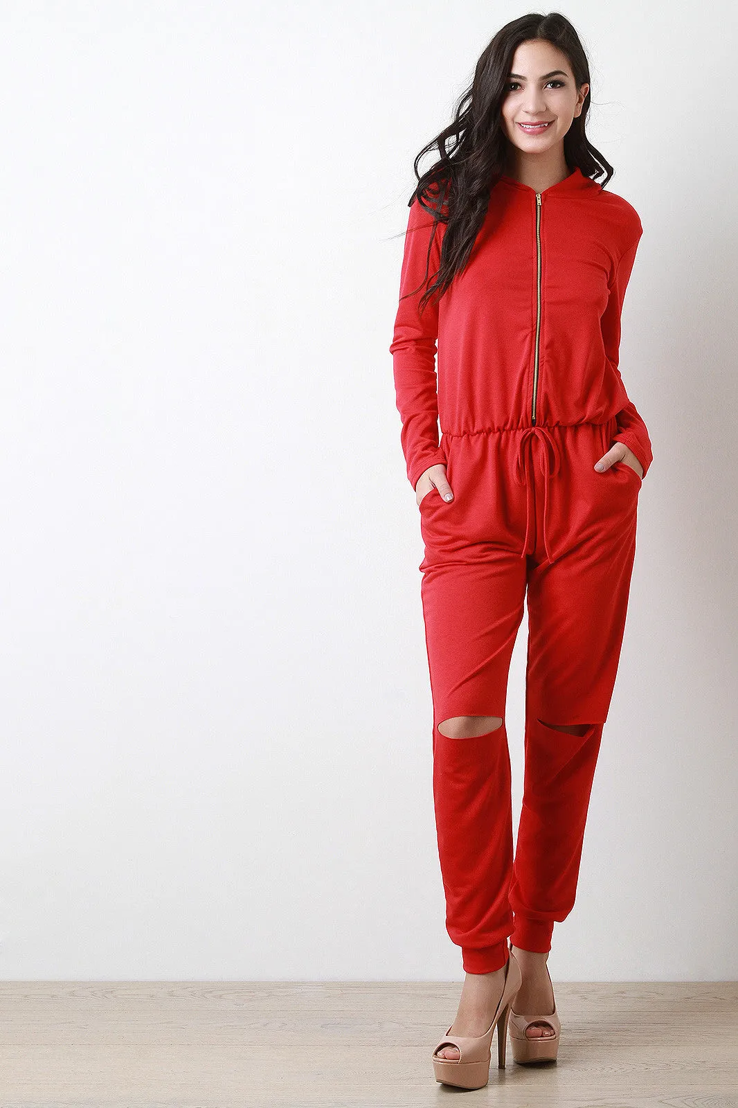 Front Zip Slit Knee Hooded Jumpsuit