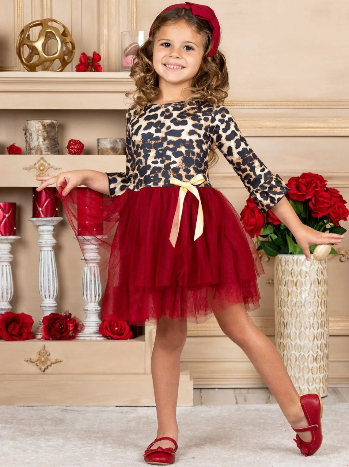 Girls Animal Print Long Ruffled Sleeve Tutu Skirt Dress with Bow