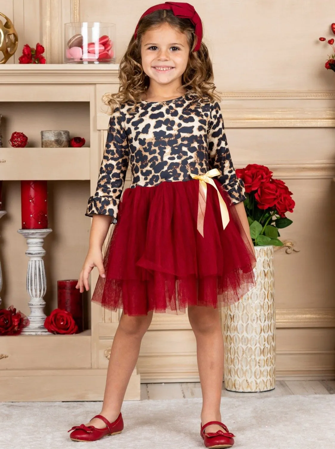 Girls Animal Print Long Ruffled Sleeve Tutu Skirt Dress with Bow