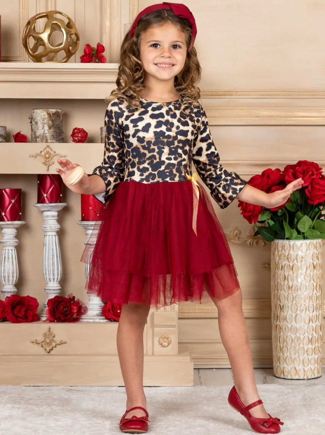 Girls Animal Print Long Ruffled Sleeve Tutu Skirt Dress with Bow