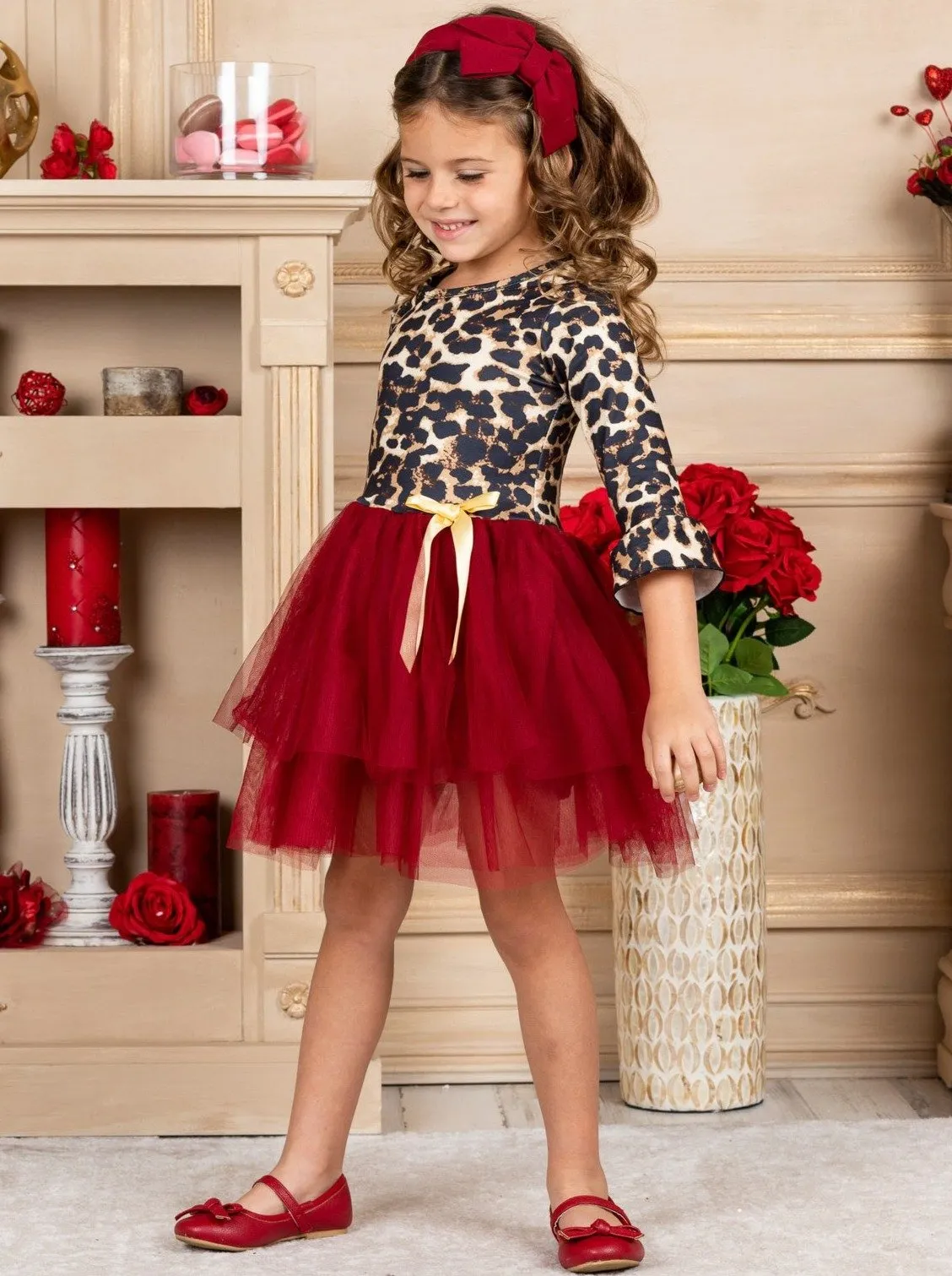 Girls Animal Print Long Ruffled Sleeve Tutu Skirt Dress with Bow