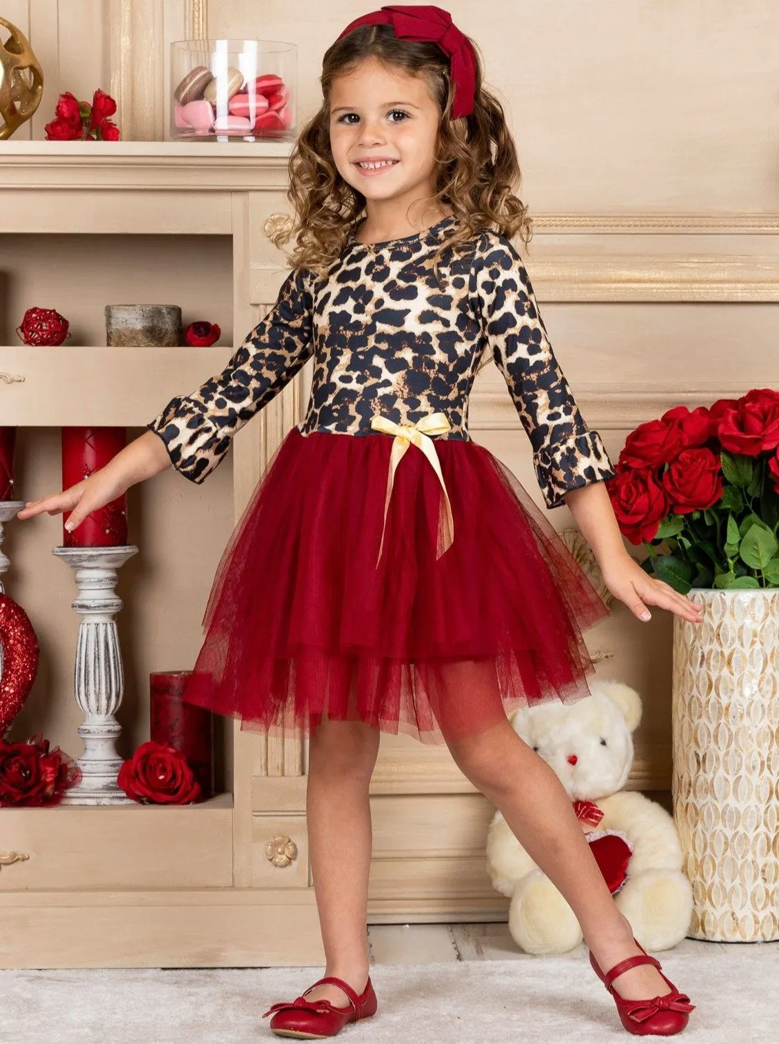 Girls Animal Print Long Ruffled Sleeve Tutu Skirt Dress with Bow