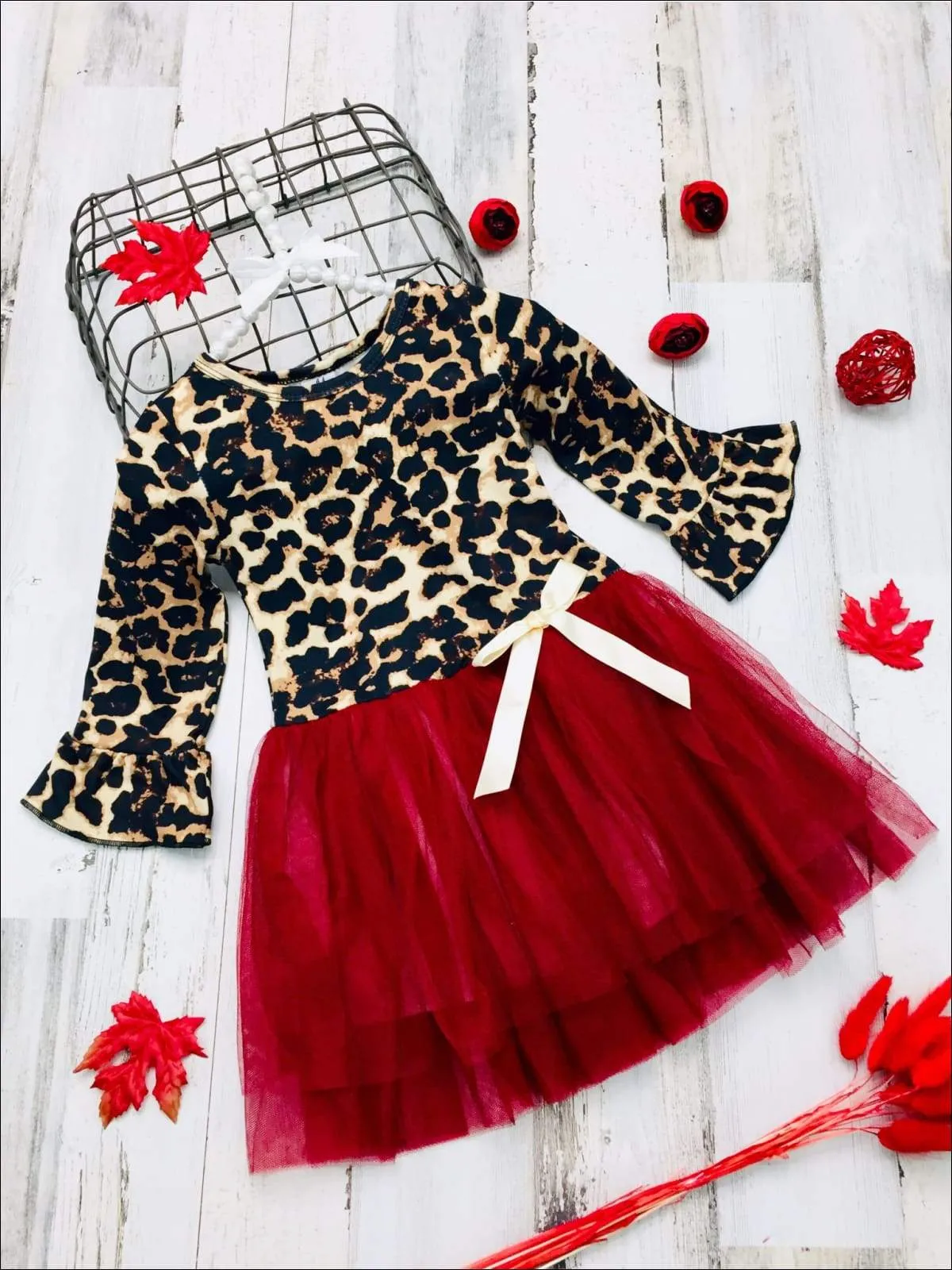 Girls Animal Print Long Ruffled Sleeve Tutu Skirt Dress with Bow