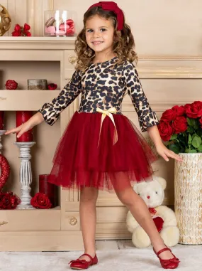 Girls Animal Print Long Ruffled Sleeve Tutu Skirt Dress with Bow