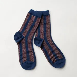 Glitter Vertical Striped Crew Socks in Navy/Mauve