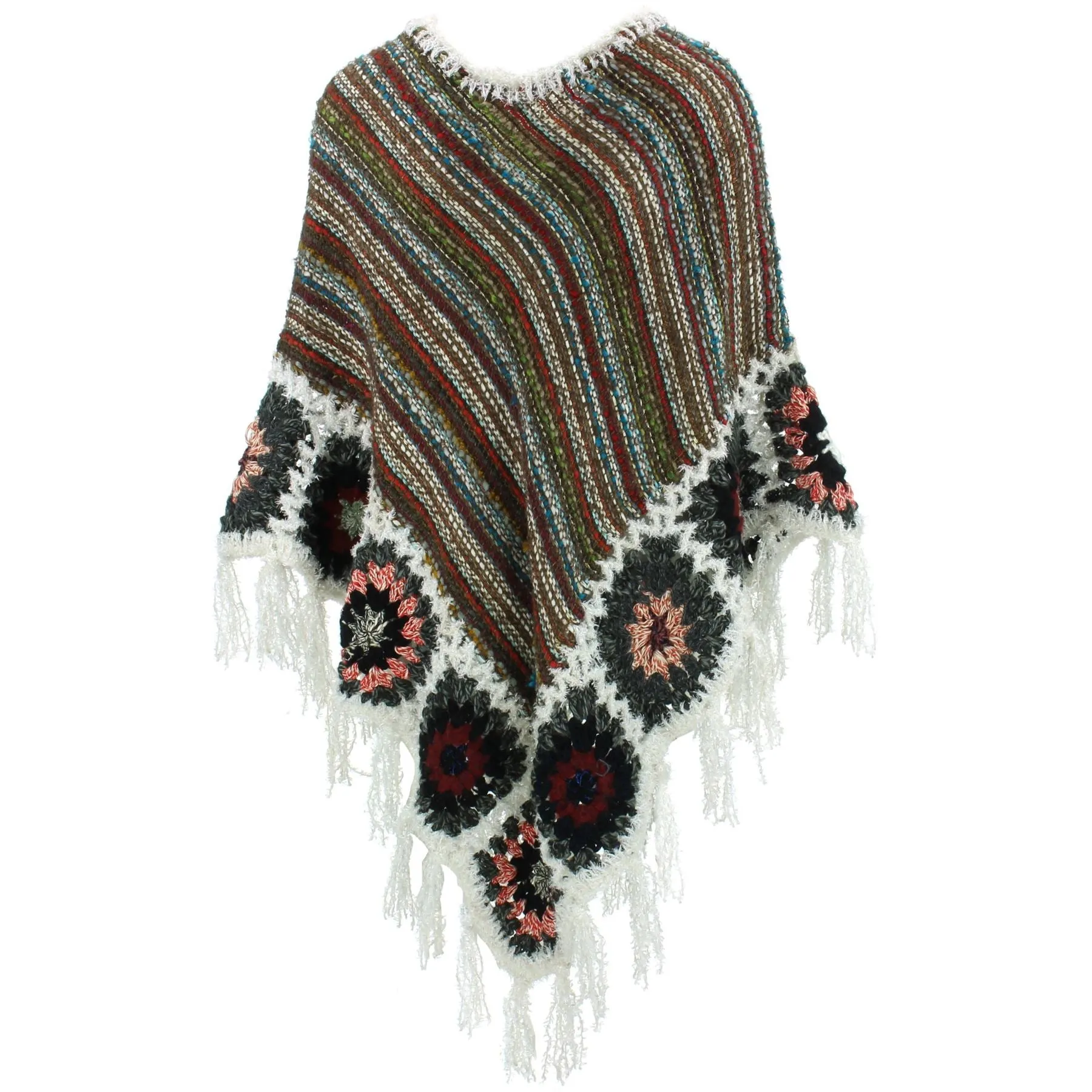 Granny Squares Crochet Poncho Long - Brown Multi/White