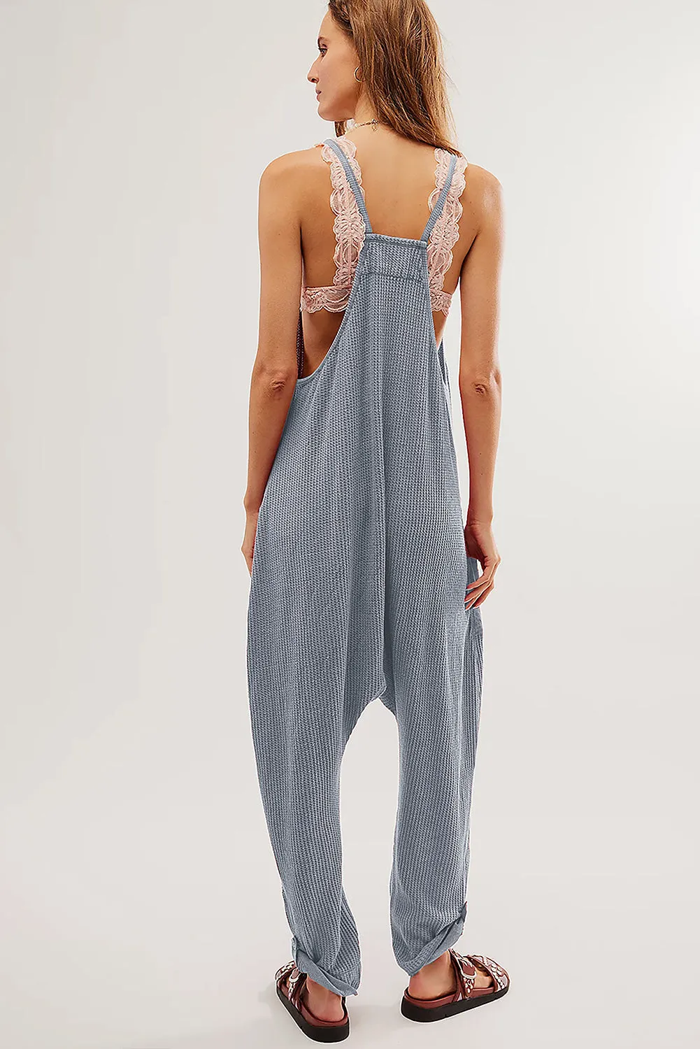 Gray Waffle Knit Spaghetti Strap Pocketed Jumpsuit