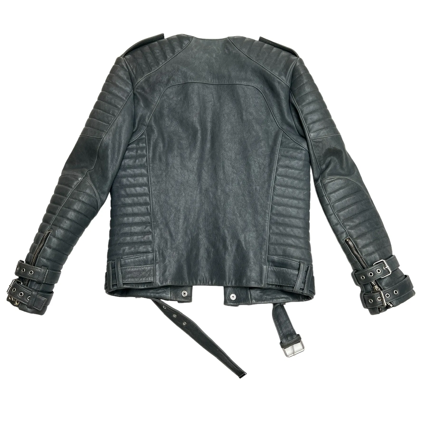 Grey Leather Moto Jacket - S