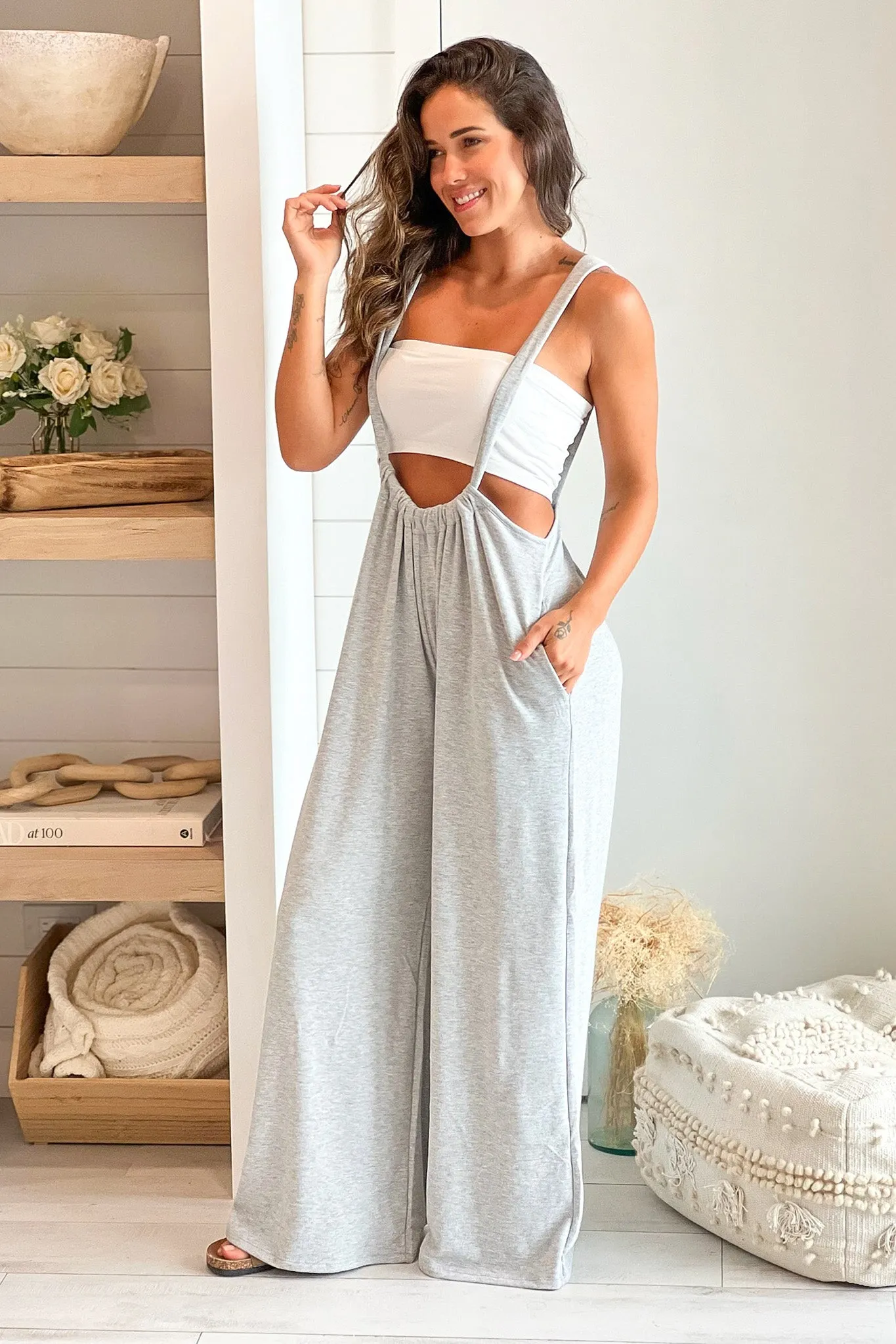 Heather Gray Jumpsuit With Pockets And Tie Back