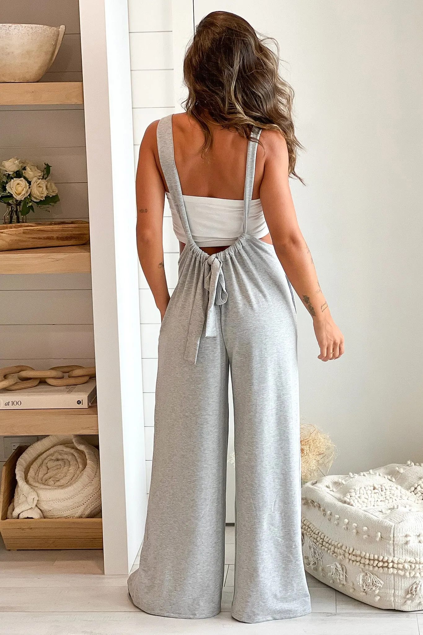 Heather Gray Jumpsuit With Pockets And Tie Back