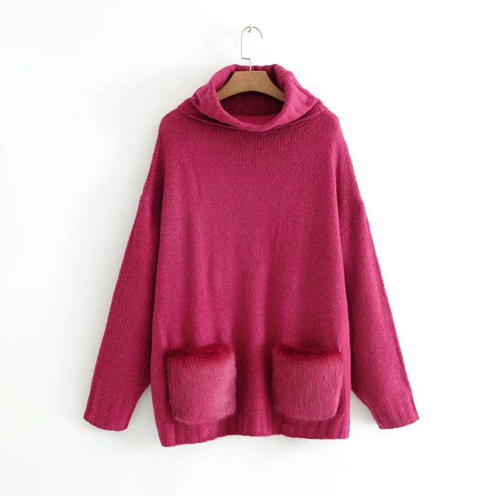 High Street Solid Color Oversize Two Fur Pockets Sweaters