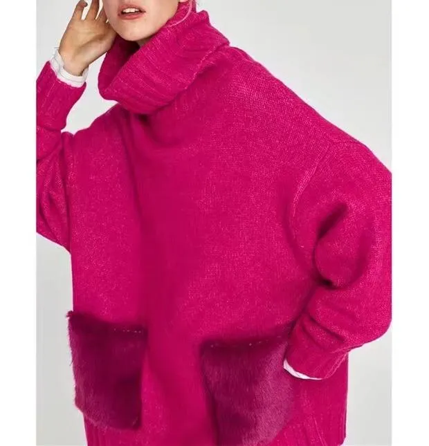 High Street Solid Color Oversize Two Fur Pockets Sweaters