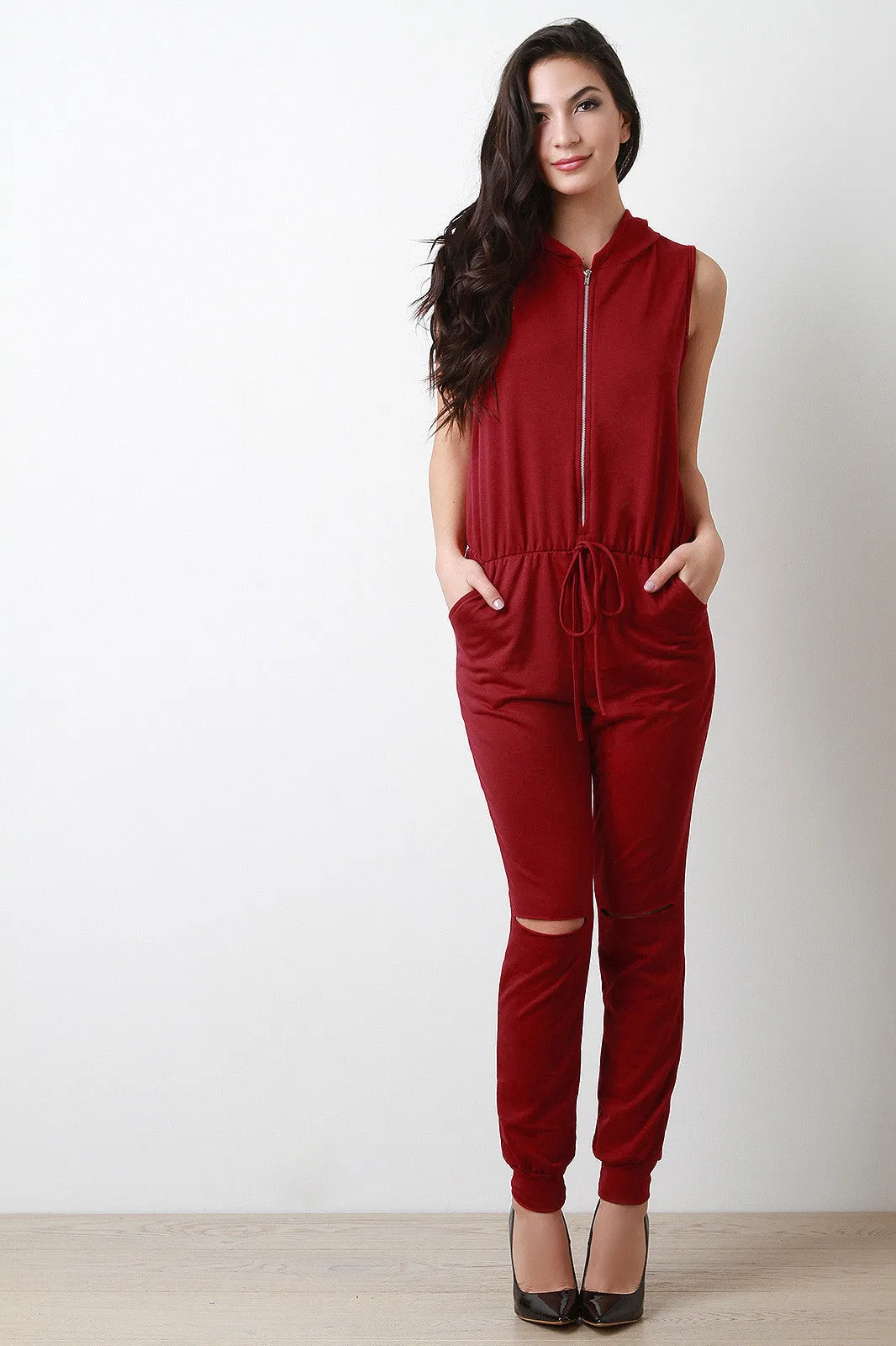 Hooded Zip-Up Sleeveless Jumpsuit