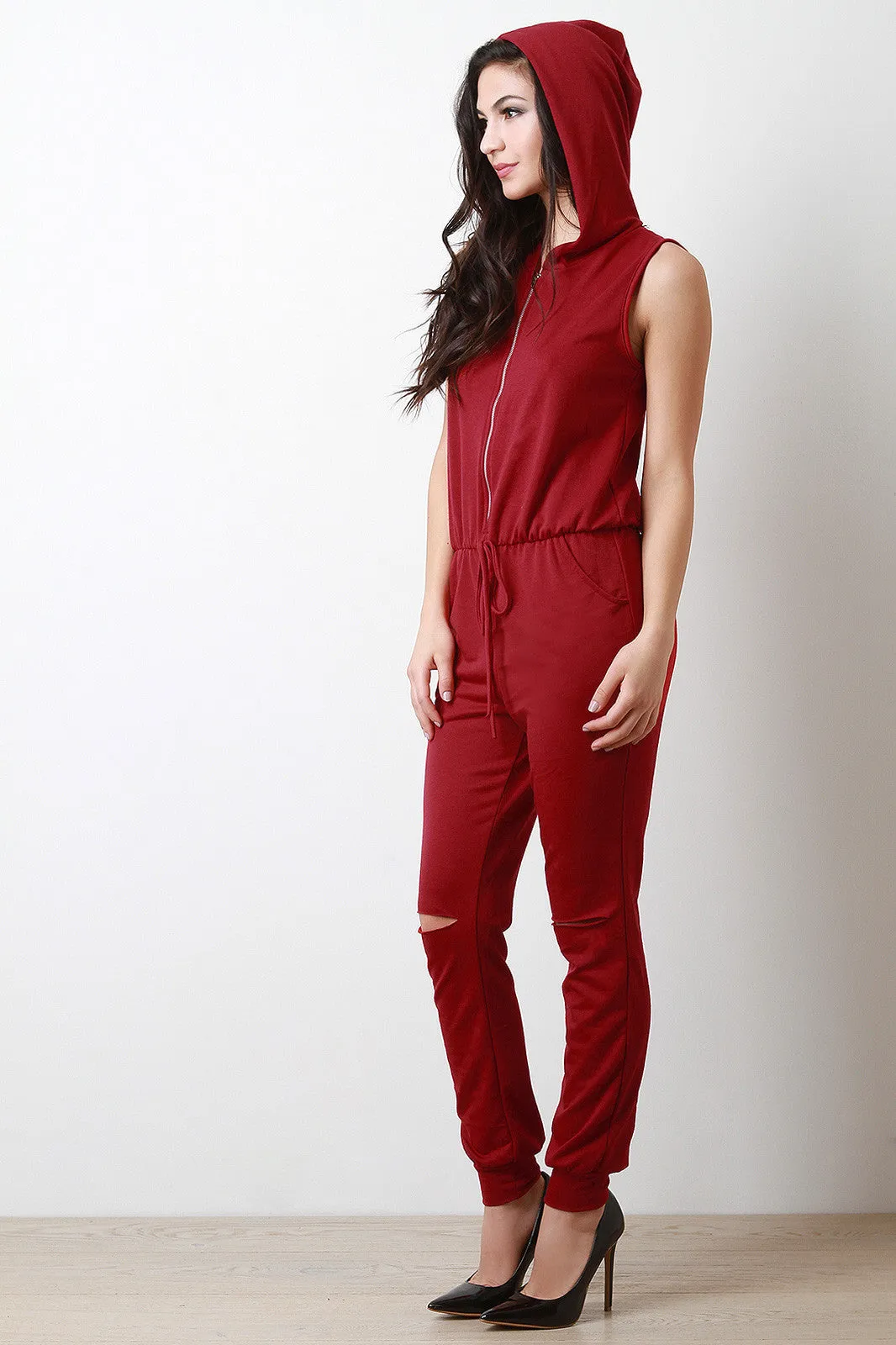 Hooded Zip-Up Sleeveless Jumpsuit