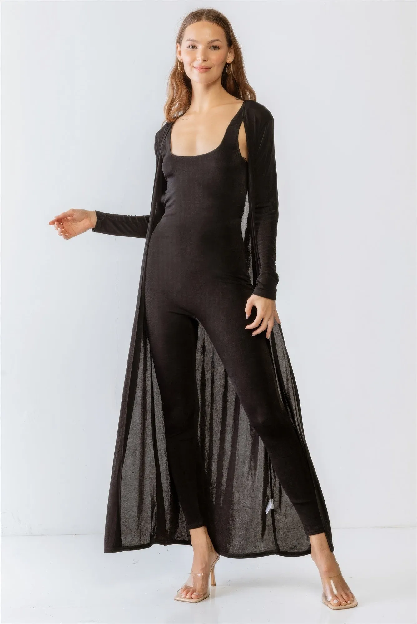 Hot Girl Cut-Out Detail Slim Fit Jumpsuit & Open Front Long Sleeve Cardigan Two Piece Set In Black