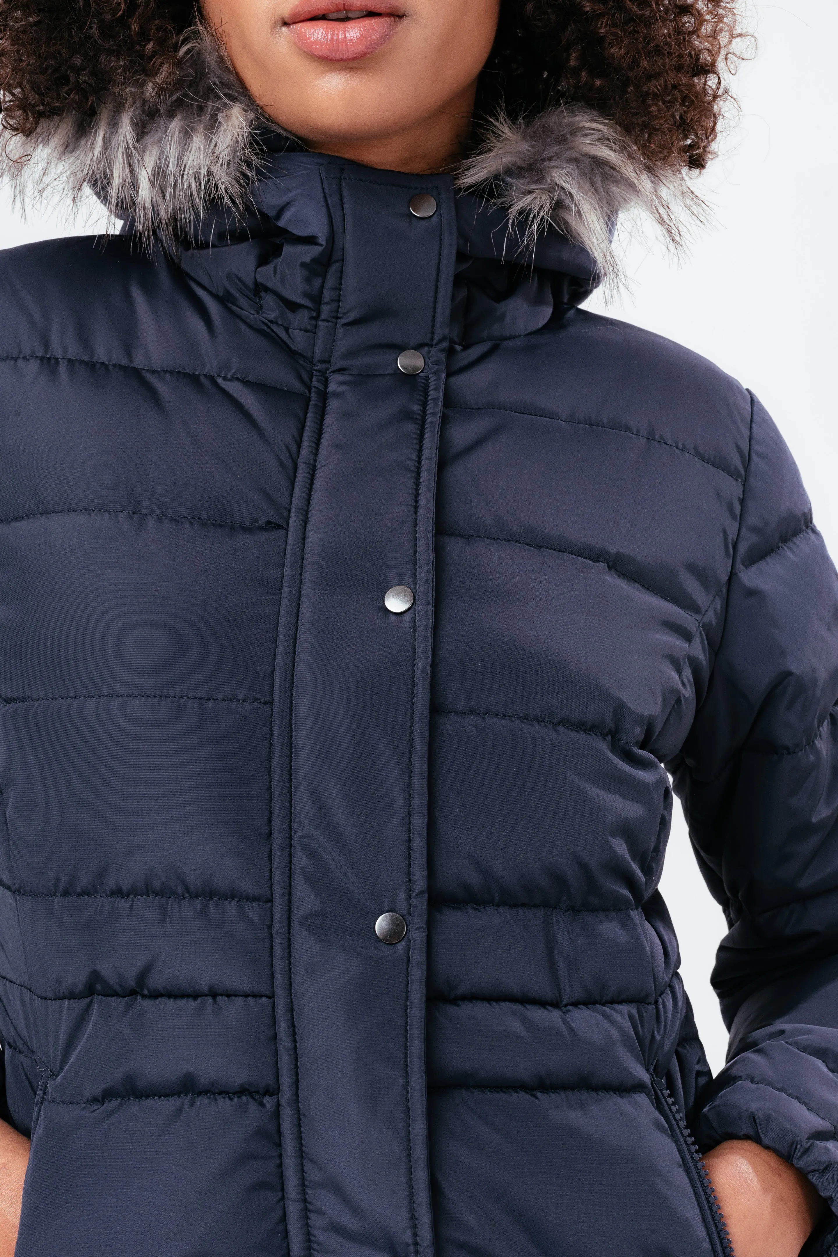 Hype Navy Short Length Women'S Padded Coat With Fur