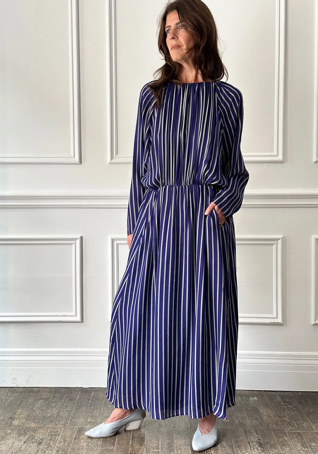 INDRESS - Monica Dress in Purple/Almond Stripe