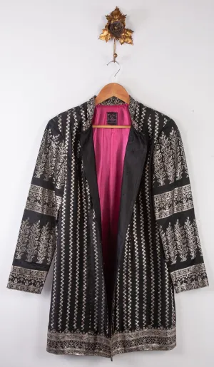 Indy By Libby Coat Raw Silk Black and Silver Embroidery UK 12