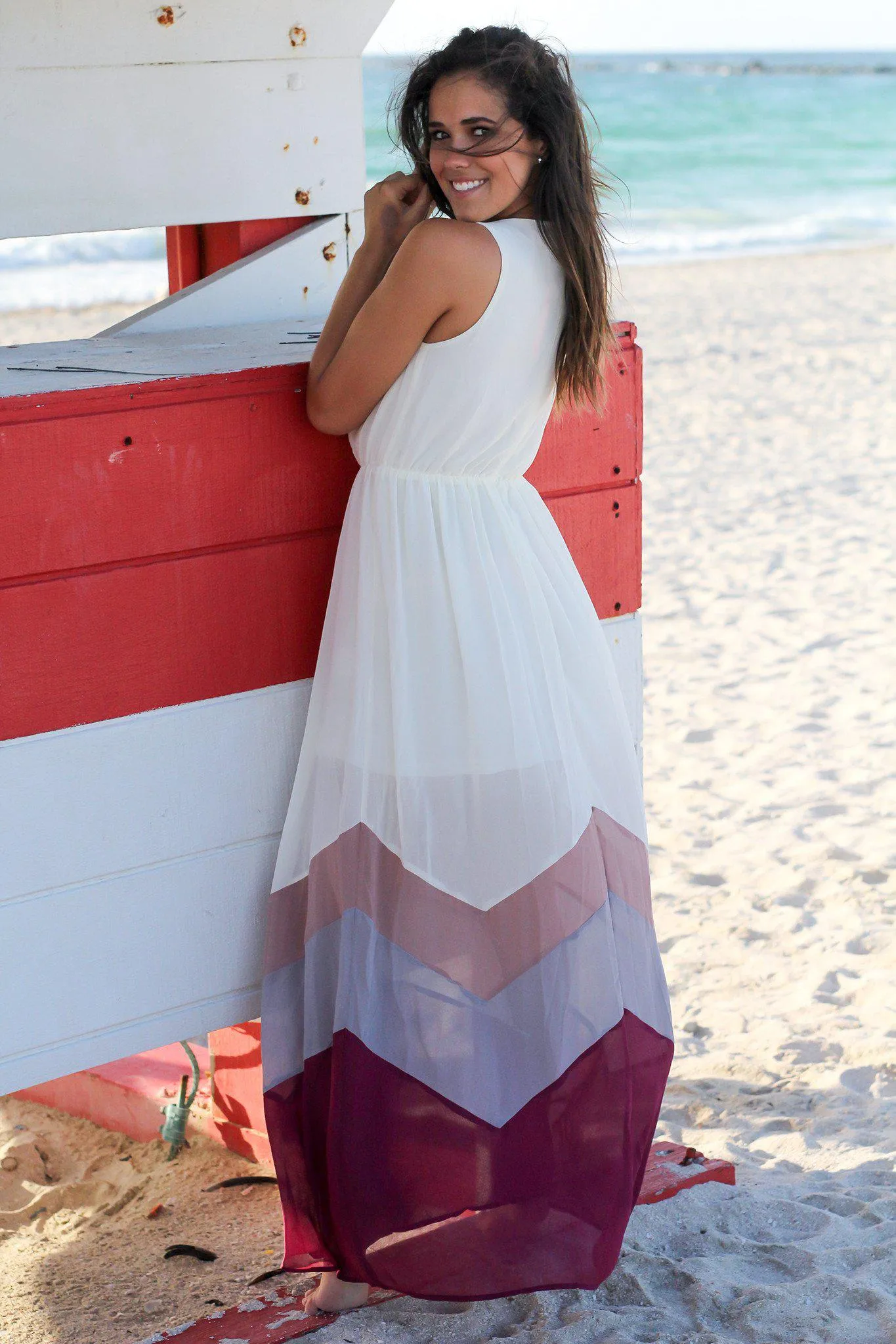 Ivory and Magenta Chevron Maxi Dress