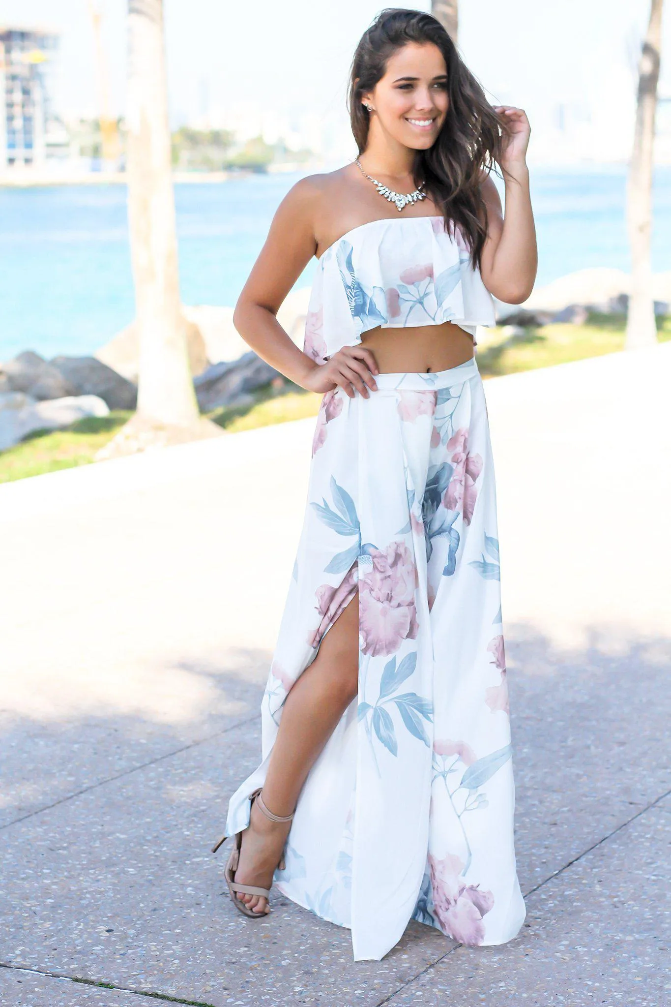 Ivory and Mauve Floral Two Piece Set