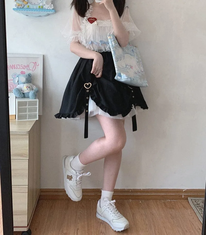 Kawaii Ruffle High Waist Heart Belt Skirt