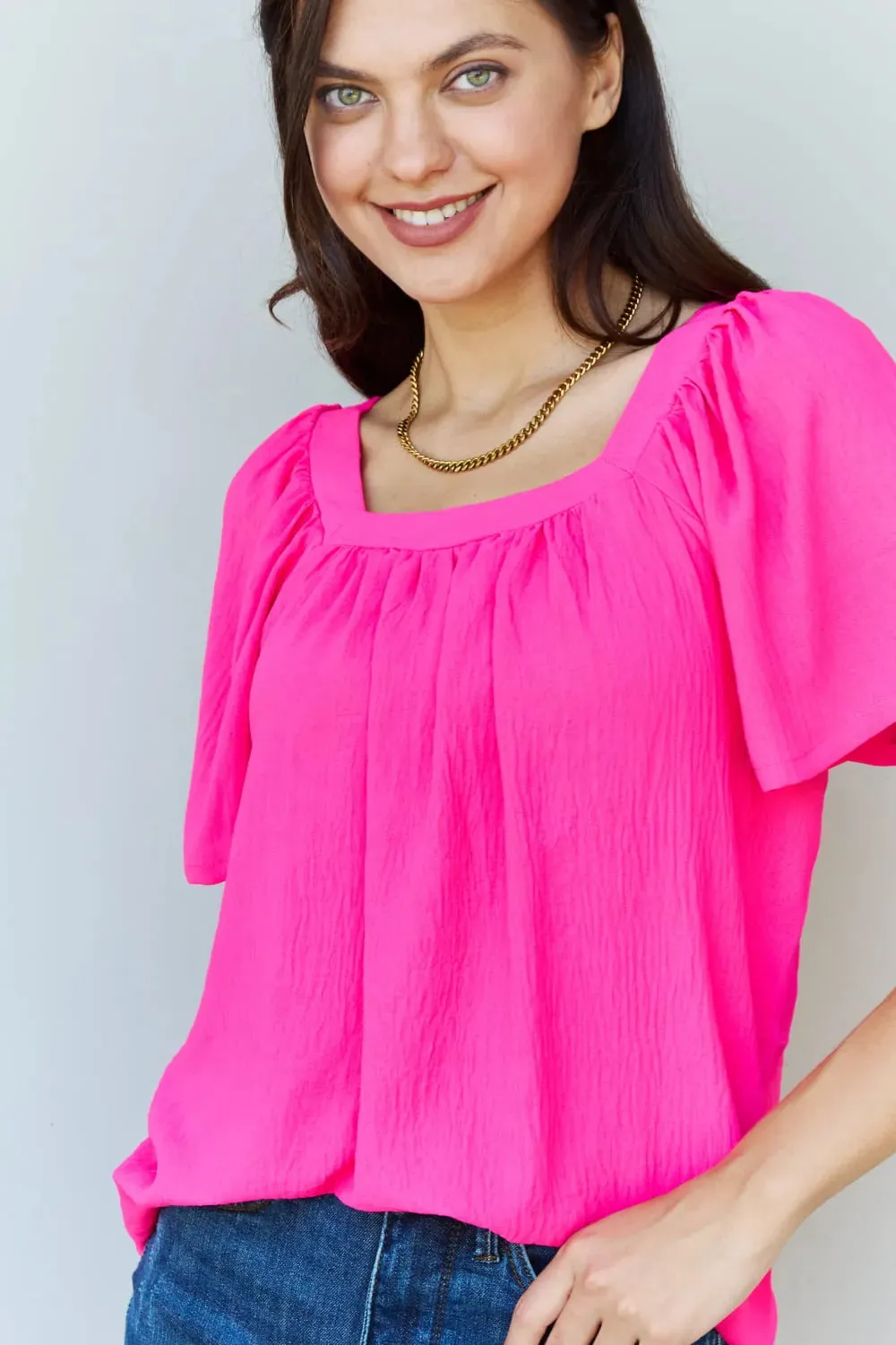 Keep Me Close Square Neck Short Sleeve Blouse in Fuchsia