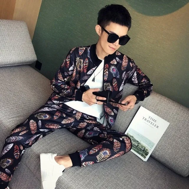 Korean Feather Mandarin Pattern Jacket   Pant Sets