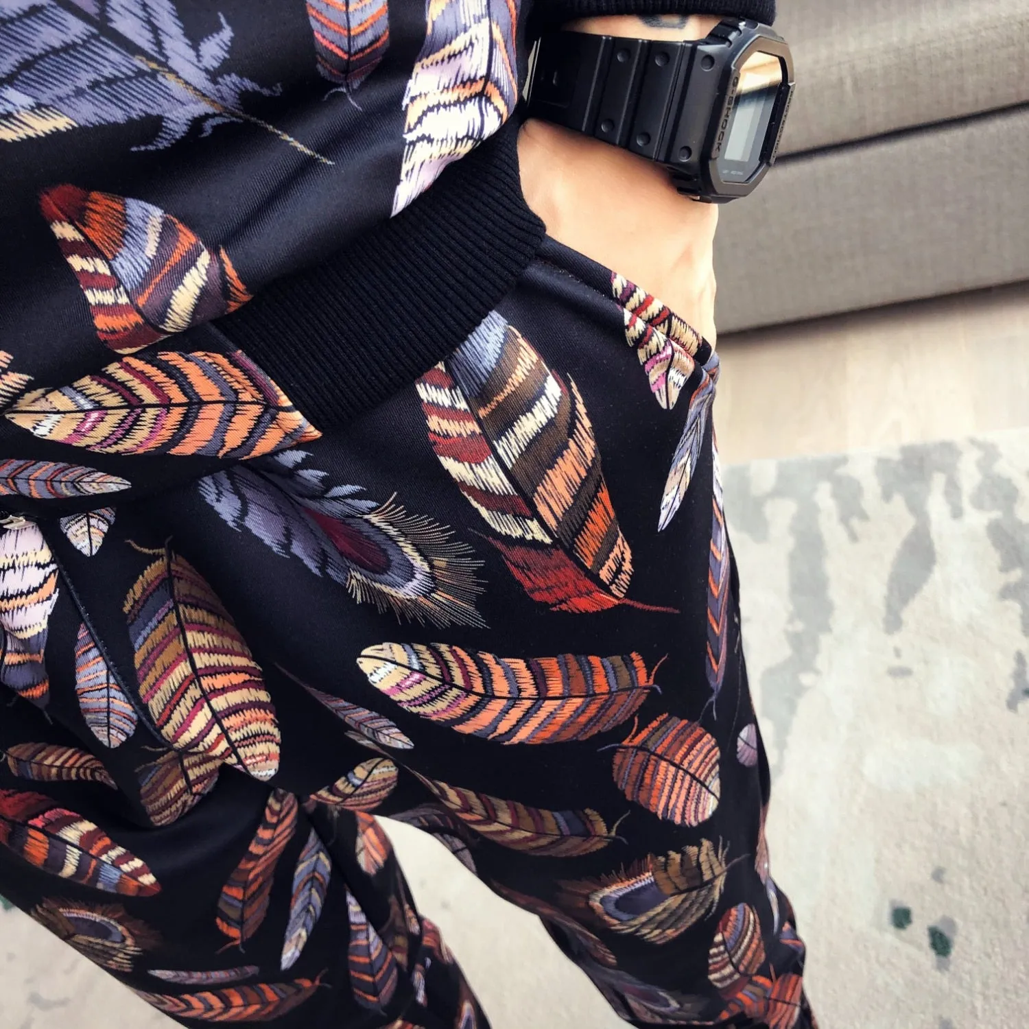 Korean Feather Mandarin Pattern Jacket   Pant Sets