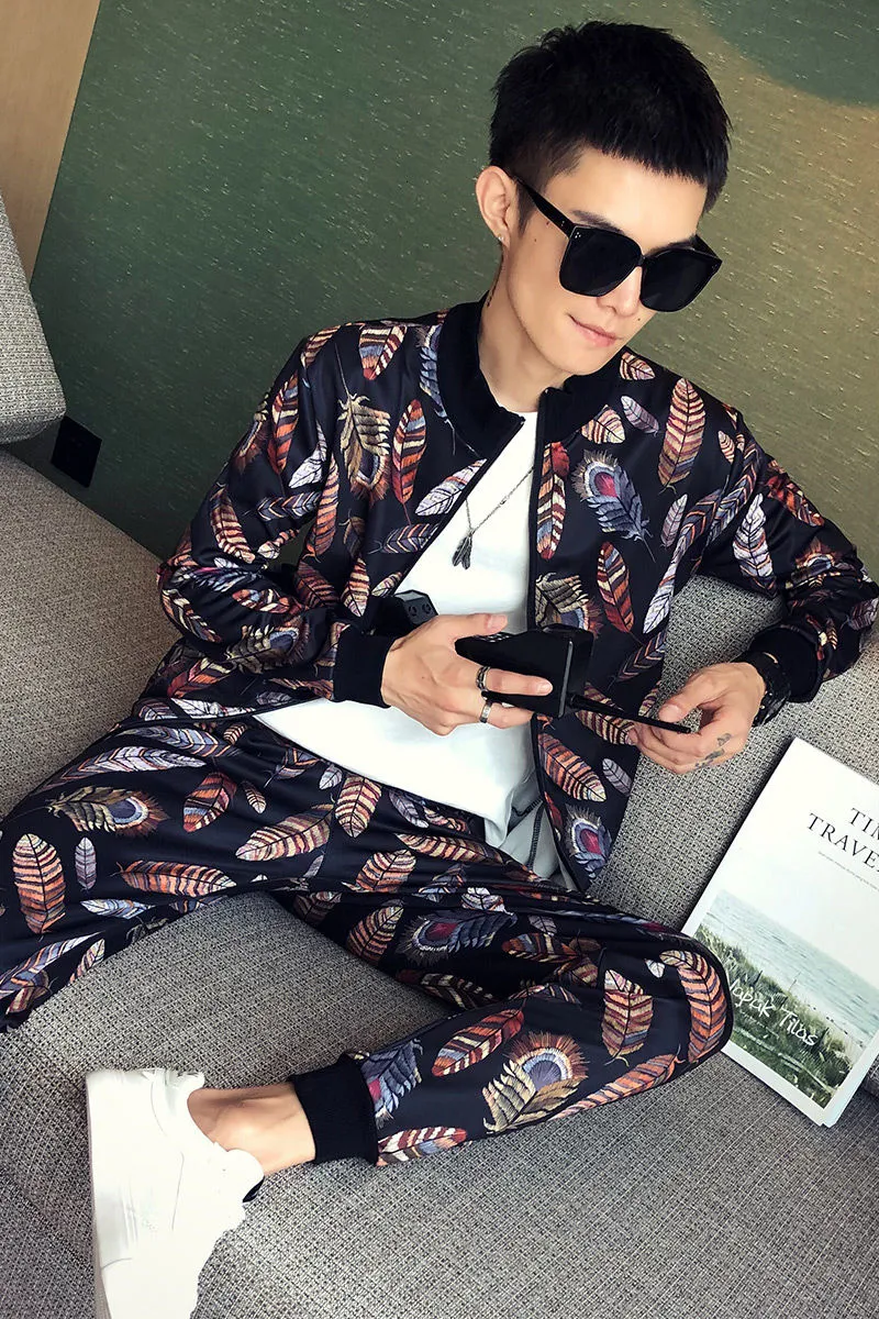 Korean Feather Mandarin Pattern Jacket   Pant Sets