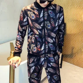 Korean Feather Mandarin Pattern Jacket   Pant Sets