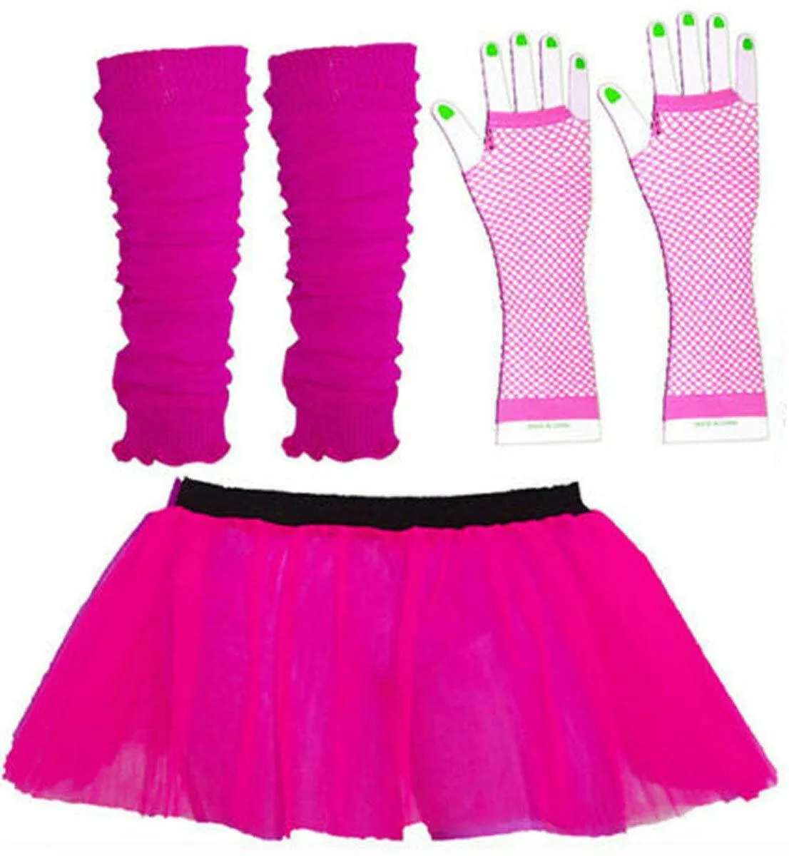 Ladies Neon Tutu Skirt Legwarmers Fishnet Gloves Race For Life Fancy Dress