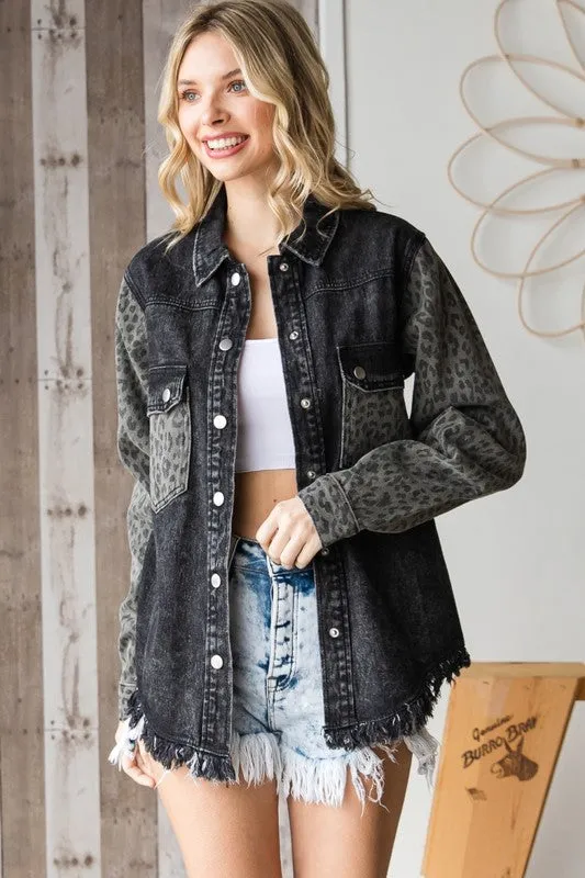 Leopard Splice Black Denim Jacket