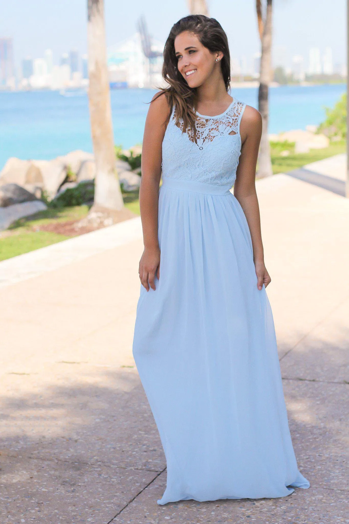 Light Blue Crochet Maxi Dress with Open Back