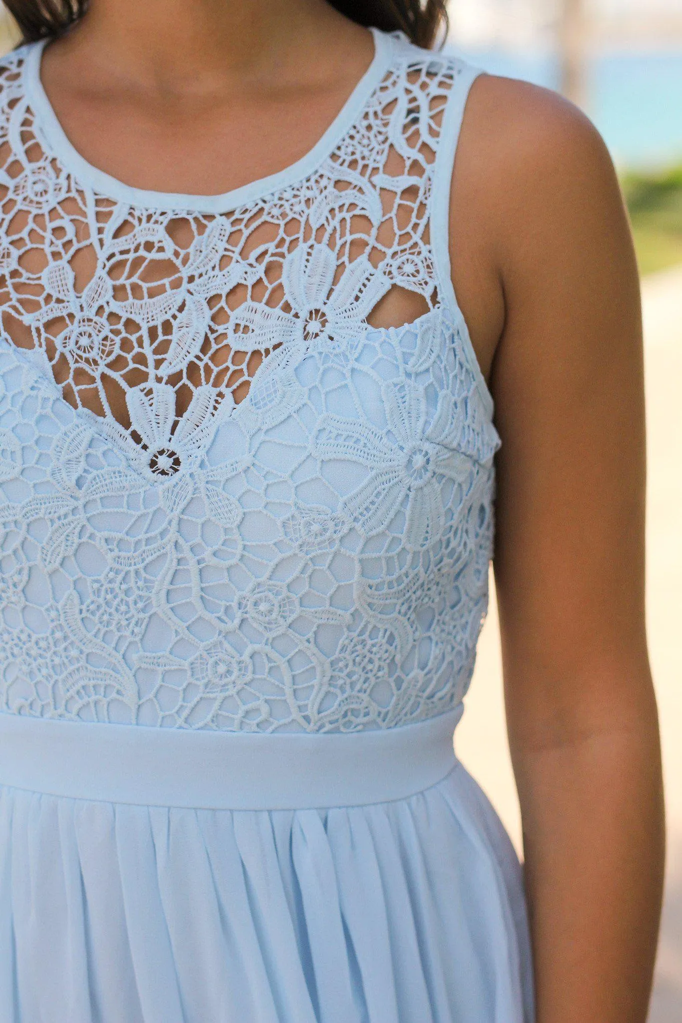 Light Blue Crochet Maxi Dress with Open Back