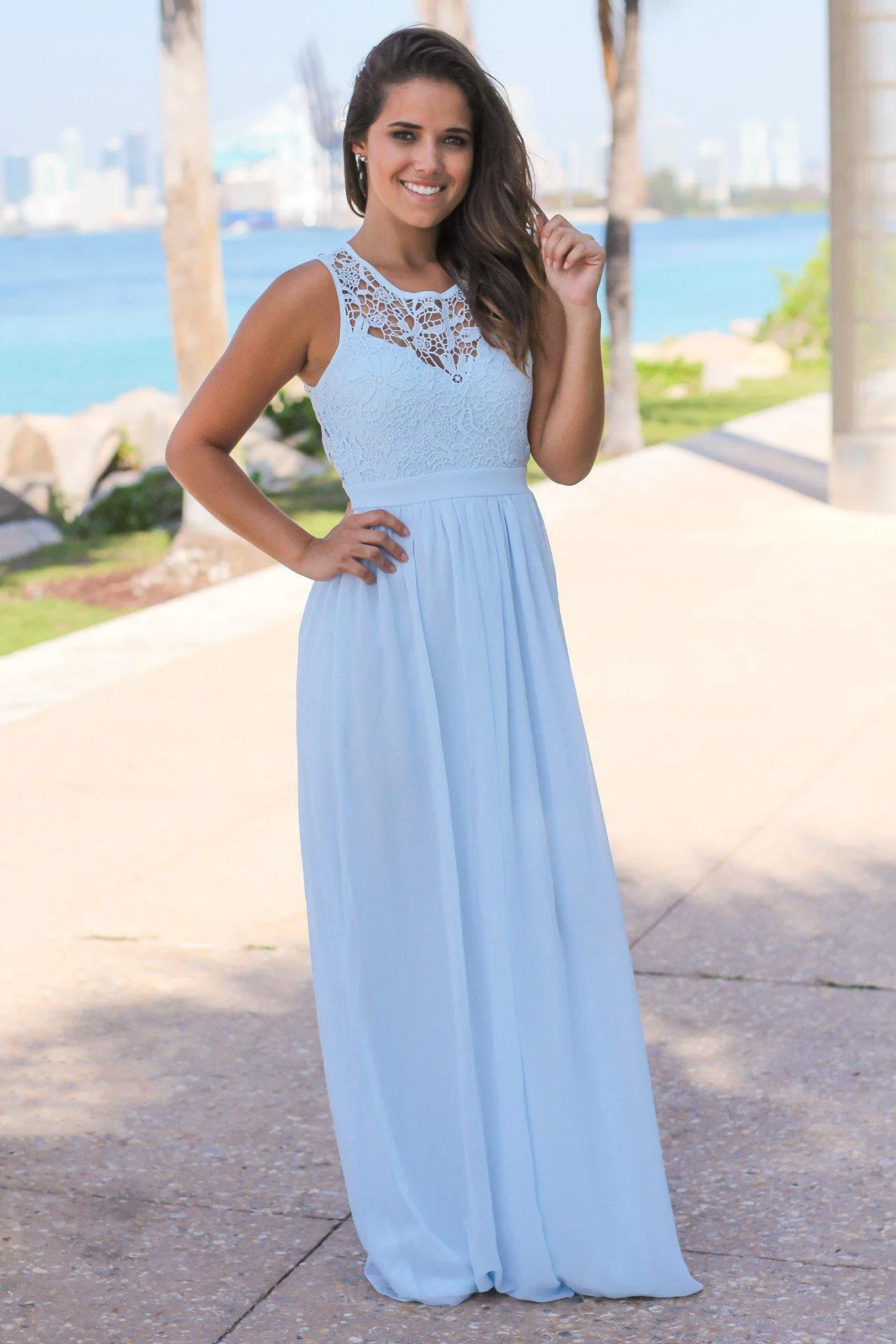 Light Blue Crochet Maxi Dress with Open Back