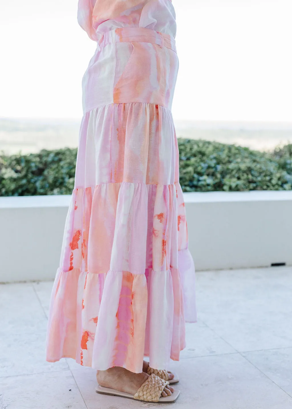 Linen Tiered Skirt Watercolour Pink