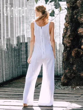 Long Linen Jumpsuit for Women / Maxi Overalls with Back Zip / White